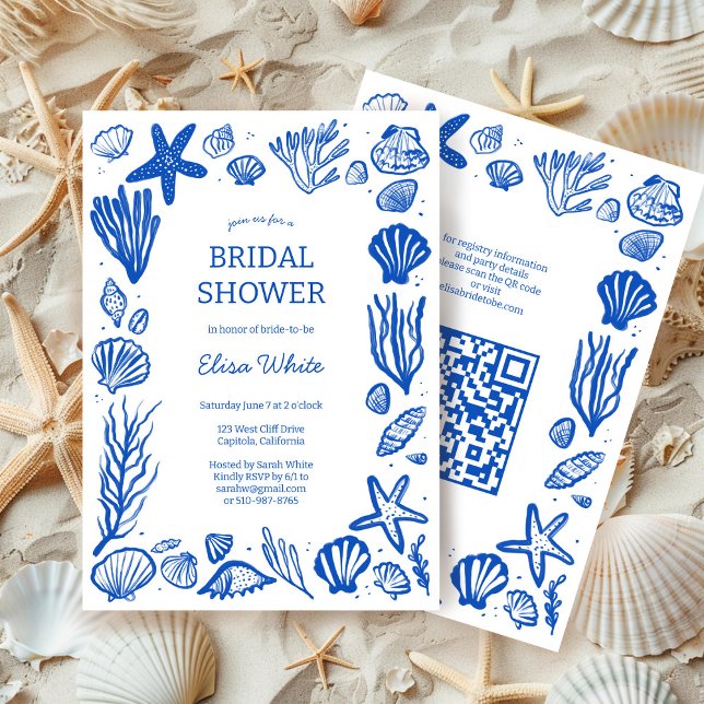 Seashells Frame Bridal Shower Blue Beach CUSTOM QR Invitation (Seashells Frame Bridal Shower Blue Beach CUSTOM QR Code Invitation Summer Ocean Coast  Chic Elegant
)