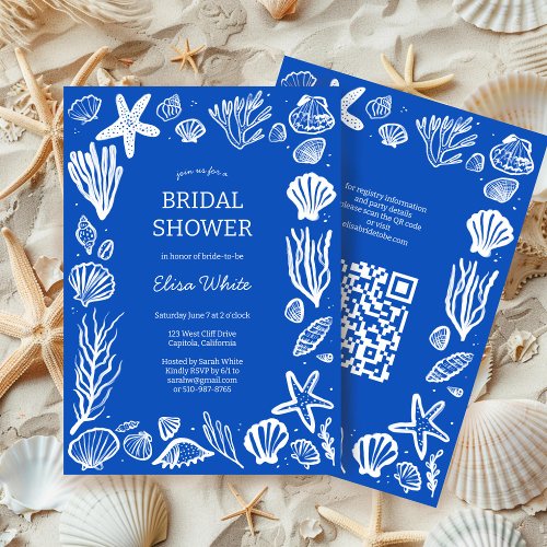 Seashells Frame Bridal Shower Blue Beach CUSTOM QR Invitation