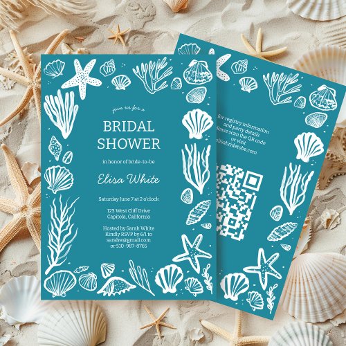 Seashells Frame Bridal Shower Teal Beach CUSTOM QR Invitation