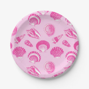 Seashells - Fuchsia pink and white Paper Plates