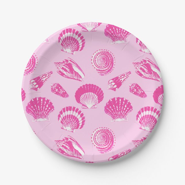 Seashells - Fuchsia pink and white Paper Plates (Front)
