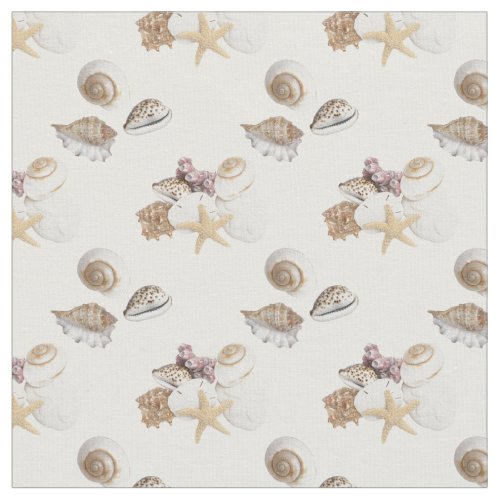 Seashells gallore on white fabric