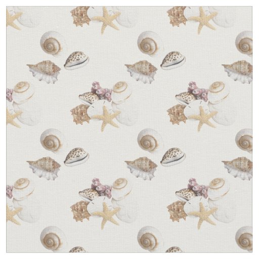 Seashells gallore on white fabric