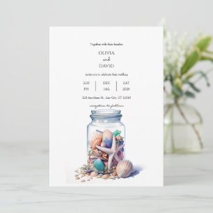 Seashells Glass Jar Centerpiece Beach Wedding Invitation