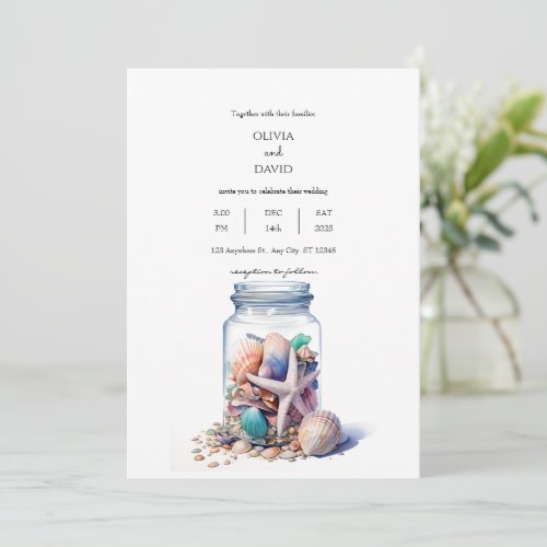 Seashells Glass Jar Centerpiece Beach Wedding  Invitation