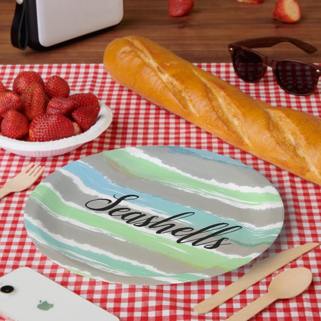 Seashells Gray Green Blue Watercolor Stripes Paper Plates (Picnic)