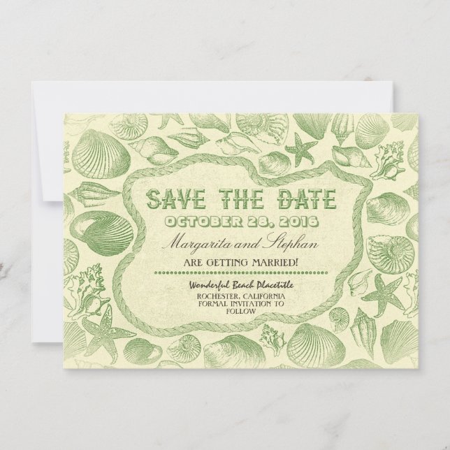 seashells green beach wedding save the date invitation (Front)