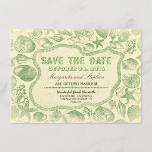 seashells green beach wedding save the date invitation