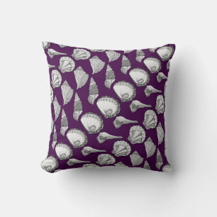 Seashells Hand Drawn in Black and White on Purple Throw Pillow