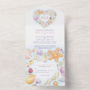 Seashells heart watercolor beach wedding all in one invitation