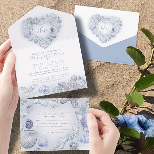 Seashells heart watercolor beach wedding blue all in one invitation
