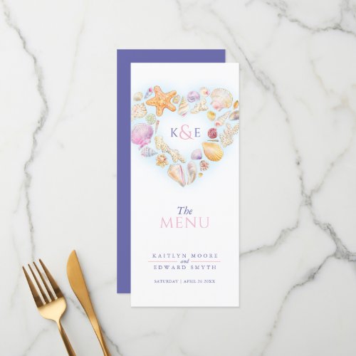 Seashells heart wreath monogram watercolor wedding menu