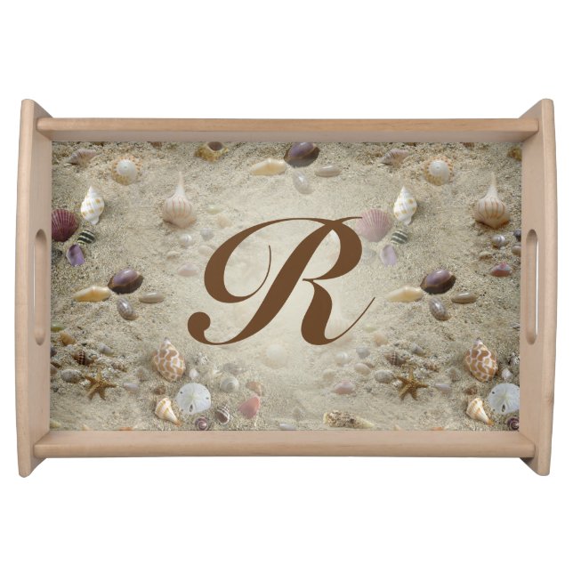 Seashells In Beach Sand Monogram Personalized Serving Tray (Front)