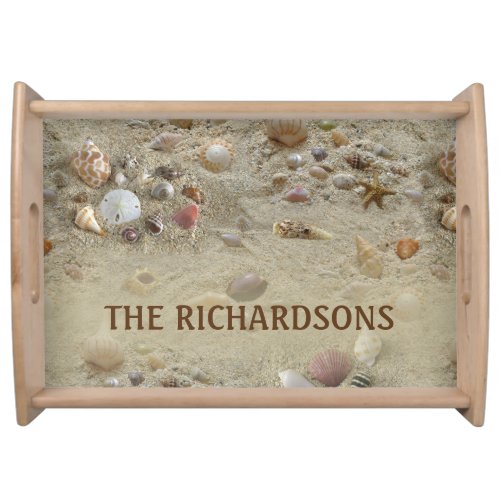 Seashells In Beach Sand Personalized Coastal  Serving Tray