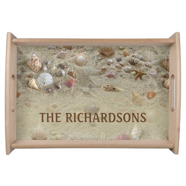 Seashells In Beach Sand Personalized Coastal  Serving Tray (Front)