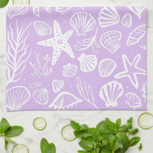 Seashells Lavender Pattern Beach Shells Chic  Kitchen Towel