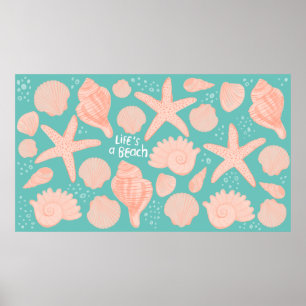 Seashells Life's a Beach Pink Shells Illustration Poster