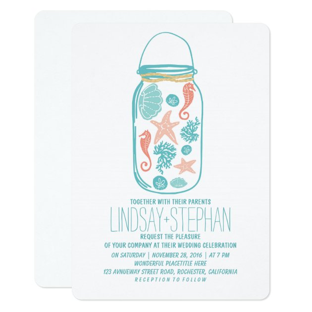 Seashells Mason Jar Beach Wedding Invitations