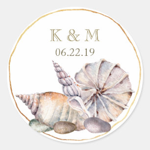 Seashells Message in a Bottle   Wedding Monogram Classic Round Sticker