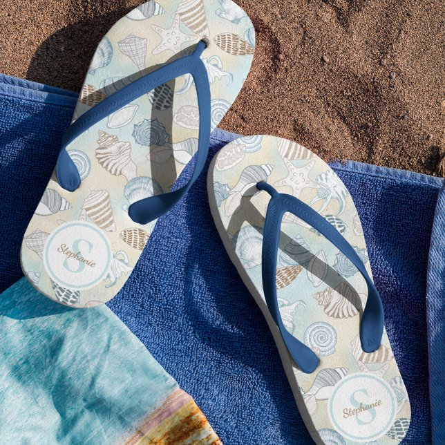 Seashells Monogram Name Coastal Pattern Flip Flops (Creator Uploaded)