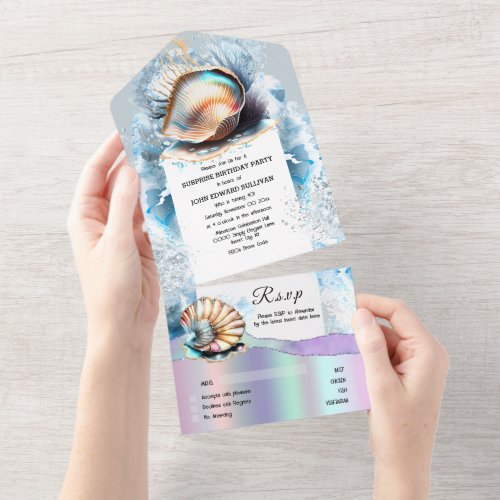 Seashells mother of pearl ocean waves iridescent all in one invitation
