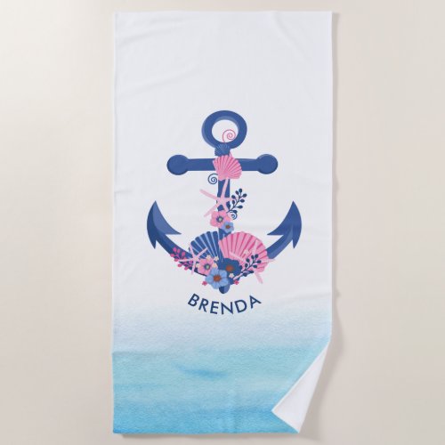 Seashells nautical boat anchor illustration beach towel