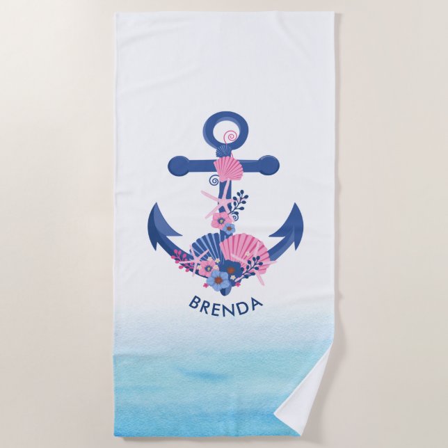 Seashells nautical boat anchor illustration beach towel (Front)