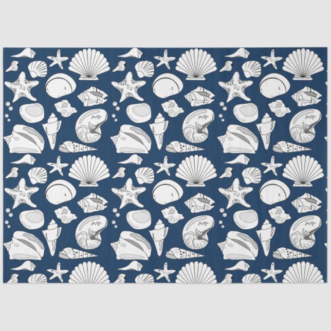 Seashells Nautical Navy Blue Decoupage Tissue Paper (Front)