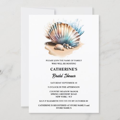 Seashells nautical sand beach iridescent chic invitation