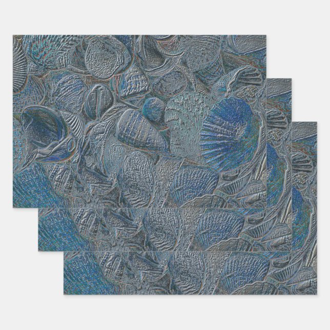 Seashells Ocean Beach Blue Metallic Decoupage Wrapping Paper Sheets (Set)