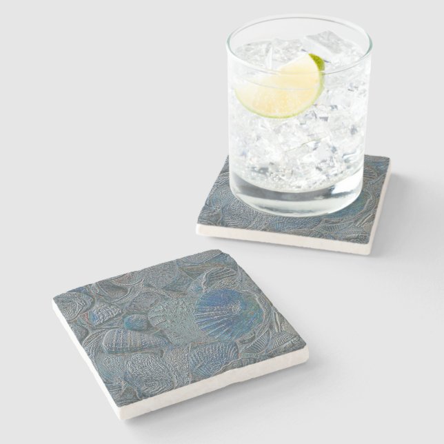 Seashells Ocean Beach Blue Nautical Metallic Art Stone Coaster (Side)