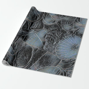 Seashells Ocean Beach Pastel Blue Black Decoupage Wrapping Paper