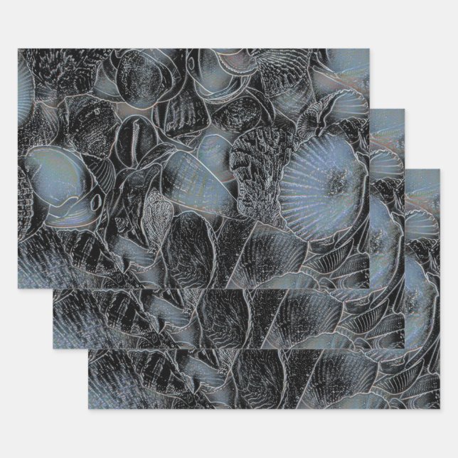 Seashells Ocean Beach Pastel Blue Black Decoupage Wrapping Paper Sheets (Set)