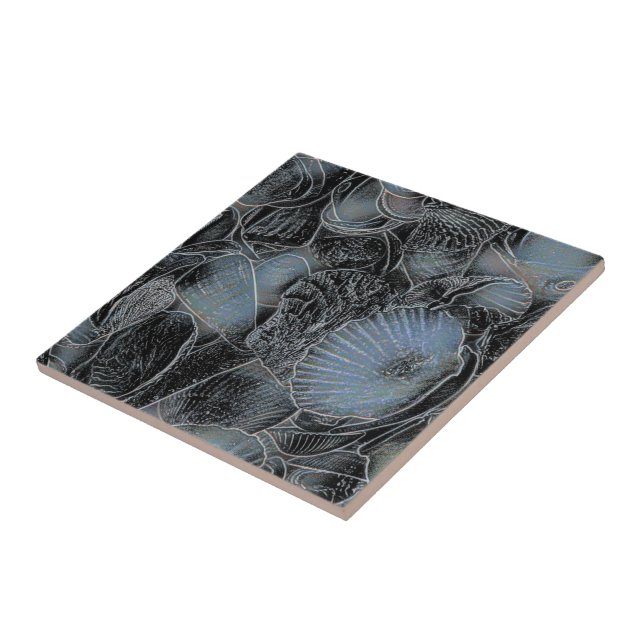 Seashells Ocean Beach Pastel Blue Black Nautical Ceramic Tile (Side)