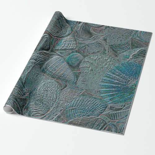 Seashells Ocean Beach Teal Grey Metallic Wrapping Paper