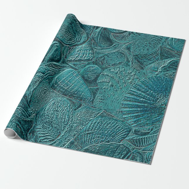 Seashells Ocean Beach Teal Metallic Style Wrapping Paper (Unrolled)
