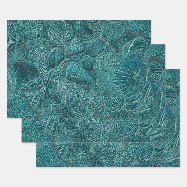 Seashells Ocean Beach Teal Metallic Style Wrapping Paper Sheets (Set)