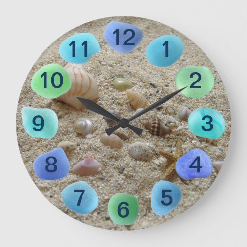 Seashells on Beach Sand with Sea Glass Large Clock