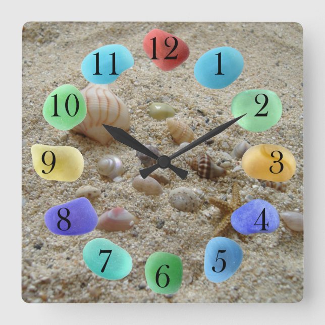 Seashells on Beach Sand with Sea Glass Square Wall Clock (Front)