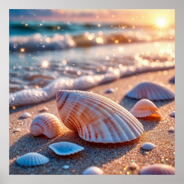 Seashells On Sand With Glittering Ocean Waves Poster (Front)