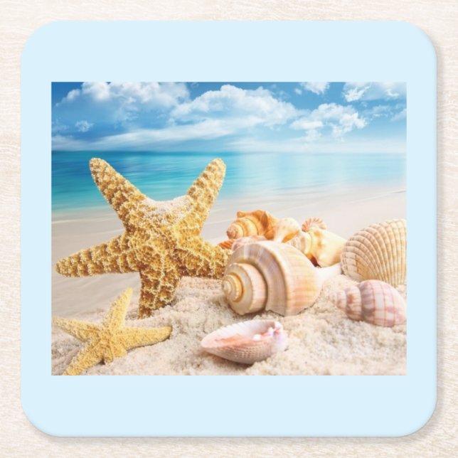 Seashells on the beach paper coasters (Front)