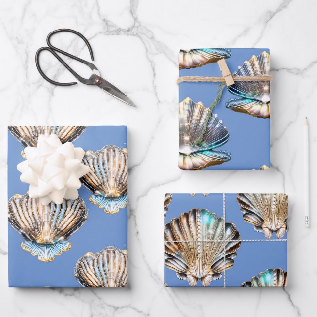 Seashells oyster pearl silver shine beach pattern wrapping paper sheets (Front)