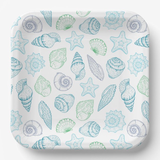 Seashells Paper Plates, Beach Coastal Birthday Plates (Front)