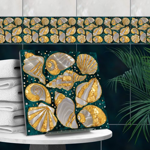 Seashells pattern _ aqua marble pearl and gold ceramic tile