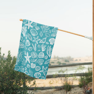 Seashells Pattern Custom Aqua & White Beach Coast House Flag