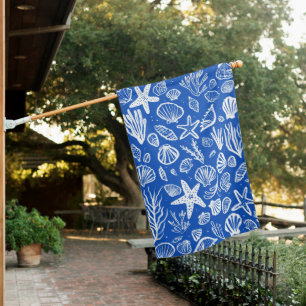 Seashells Pattern Custom Blue & White Beach Coast House Flag