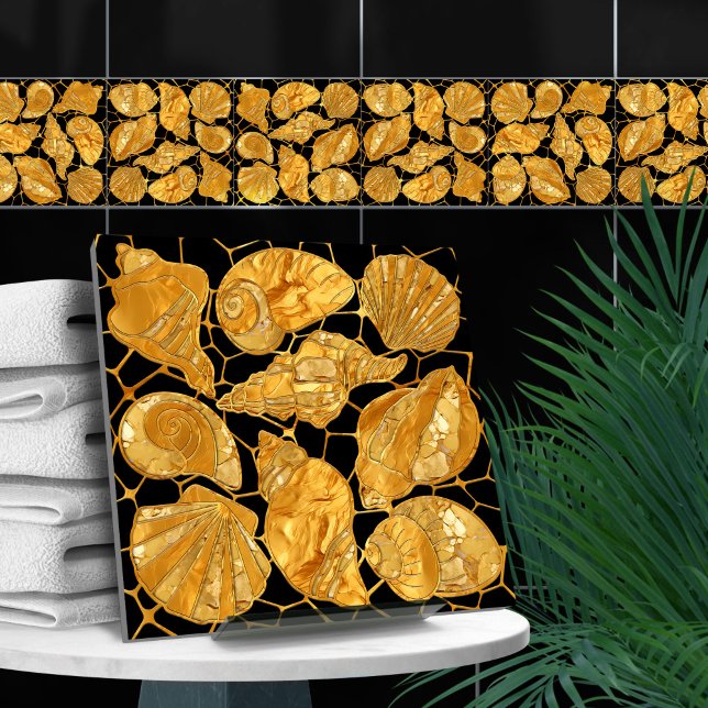 Seashells pattern - gold and black ceramic tile (Creator Uploaded)