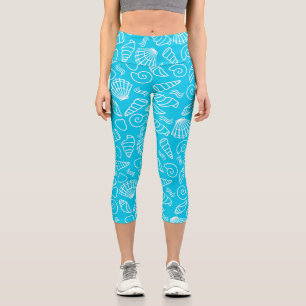 Seashells Pattern on Bright Blue Capri Leggings