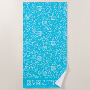 Seashells Pattern on Bright Blue Personalised Beach Towel