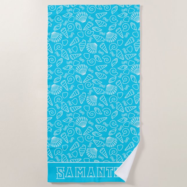 Seashells Pattern on Bright Blue Personalised Beach Towel (Front)